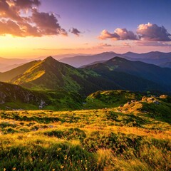 A majestic mountain landscape bathed in the warm glow of a sunset, showcasing rolling hills and a vibrant sky painted with soft clouds