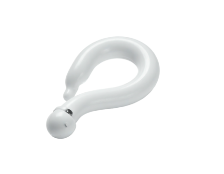 A glossy, opaque white plastic hook with a rounded end, shaped like a question mark, isolated on a transparent background