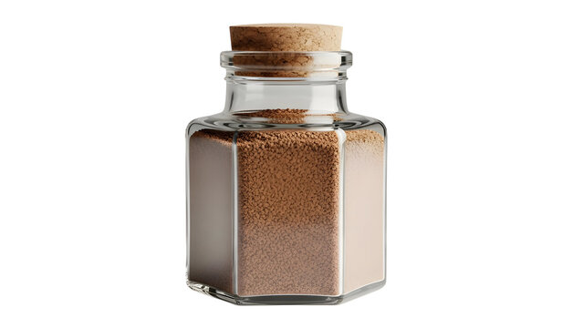 Glass spice jar container with cork lid filled with brown powder for kitchen storage and organization needs on transparent background