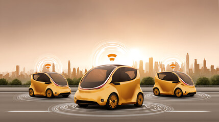 Autonomous vehicles with wireless connectivity driving on a city road at sunset