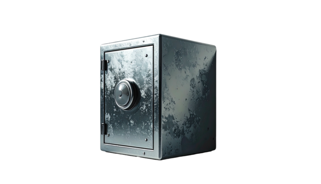 Weathered steel safe, square, single door, round knob, textured surface, metallic gray, dark background, slightly angled perspective