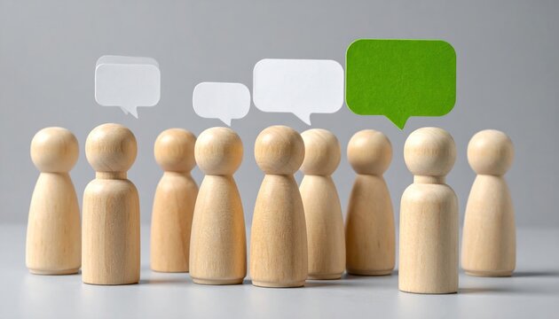 A cluster of wooden figurines, some with white speech bubbles and one with a green bubble, against a light gray background
