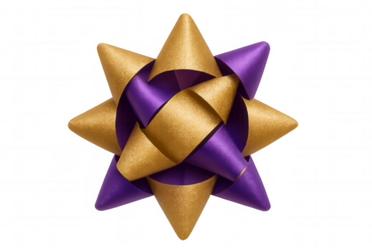 Gold and purple gift bow isolated on transparent background. Present decoration for celebration, party, or christmas