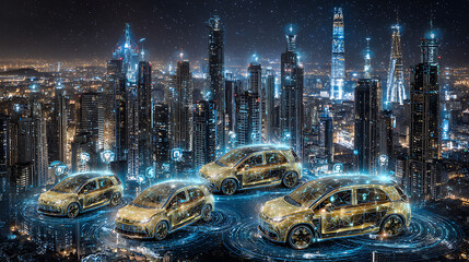 Futuristic autonomous vehicles hover above a glowing cityscape at night, connected by digital networks.