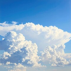 Fluffy white clouds billow majestically against a vibrant blue sky, creating a serene, atmospheric vista with soft, diffused light