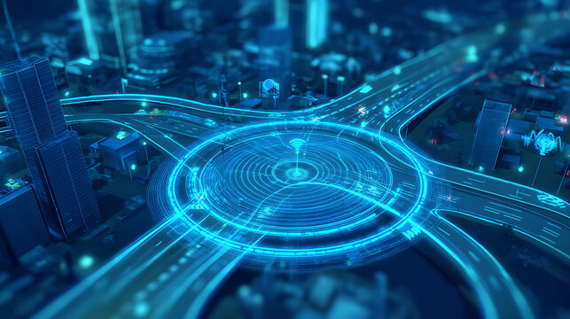 Futuristic cityscape with glowing digital network and holographic interface overlay