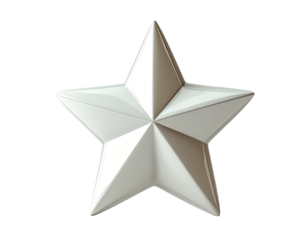 A five-pointed, off-white, three-dimensional star with subtly defined facets, rendered in a clean, minimalist style against a black background