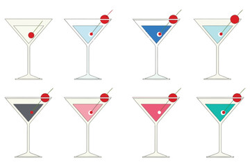 Vector art of eight colorful martini glasses, showcasing a modern and minimalist design with a clean aesthetic, perfect for bar and party related projects