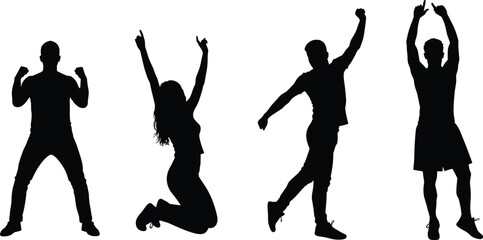 Silhouettes of happy people celebrating, jumping and dancing with raised arms, expressive body movements, joyful poses, vector illustration for celebration themes