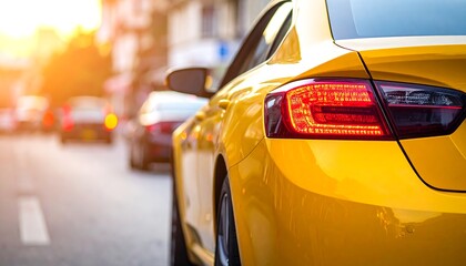 Yellow car in city traffic, sunset