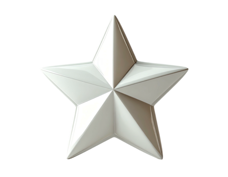 A five-pointed, off-white, three-dimensional star with subtly defined facets, rendered in a clean, minimalist style against a black background