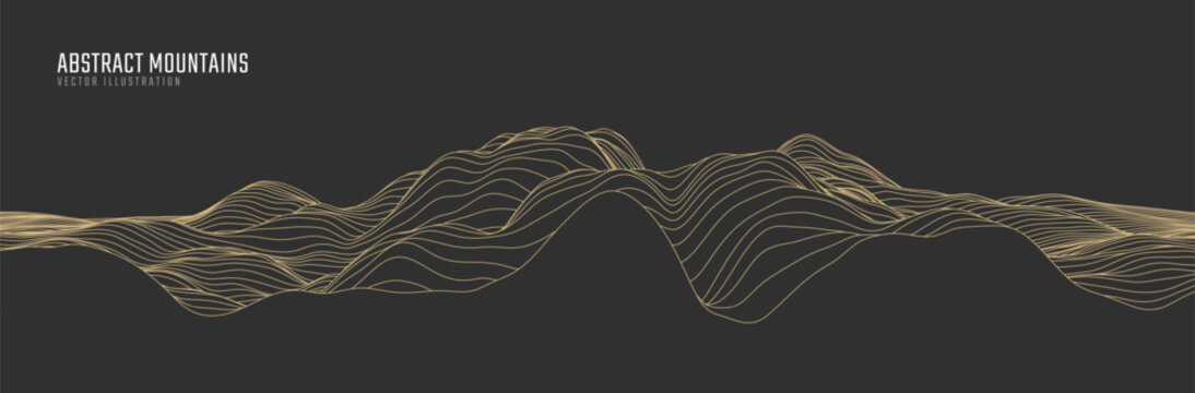 Contour mountain landscape. Waved line art. Abstract minimal topographic map. Contour lines with elevations and terrain depth. Vector illustration.