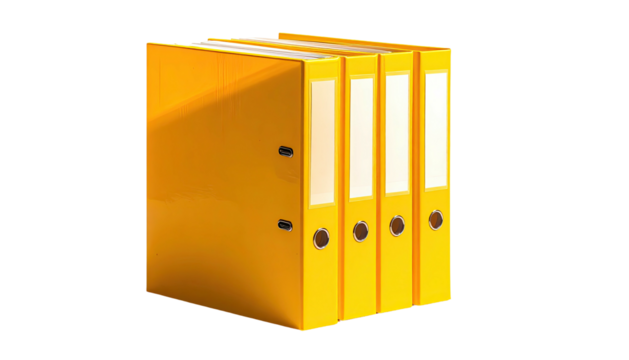 Four vibrant yellow lever-arch files stand neatly stacked, showcasing their spines and label inserts