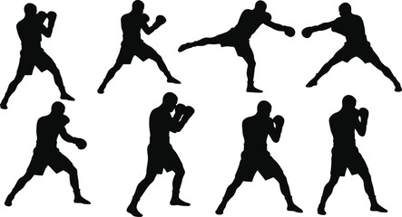 Silhouette collection of male boxer poses, fighting stances, punch, defense and kick positions, vector sports illustration for fitness and training
