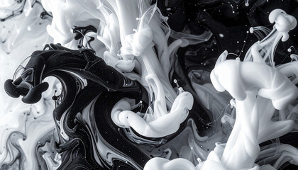Abstract swirling mix of black and white ink in water

