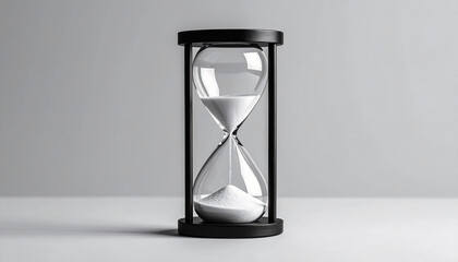Black hourglass with white sand counting down on a grey background