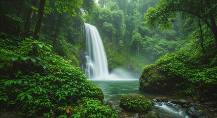 Tropical rainforest waterfall with lush green jungle, rocks, and flowing river. Beautiful natural landscape, fantasy style, AI generated illustration.