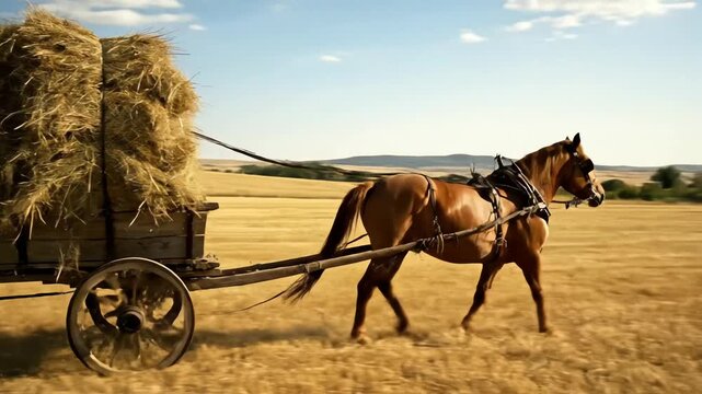 Horse-Drawn Cart Carrying Hay Bales Across a Sunny Agricultural Field, Evoking Traditional Farming and Rural Life, with a Nostalgic and Peaceful