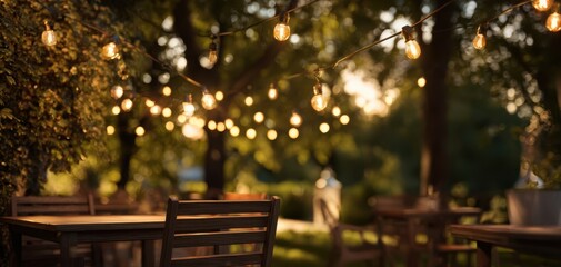The enchanting garden atmosphere illuminated by warm string lights.