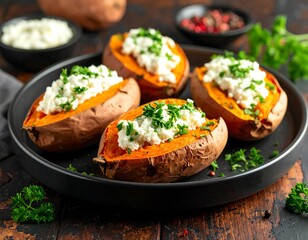 Roasted sweet potatoes with a creamy topping