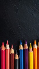 Row of brightly colored wooden pencils against a textured black background, colorful tips pointing upward, slightly uneven arrangement