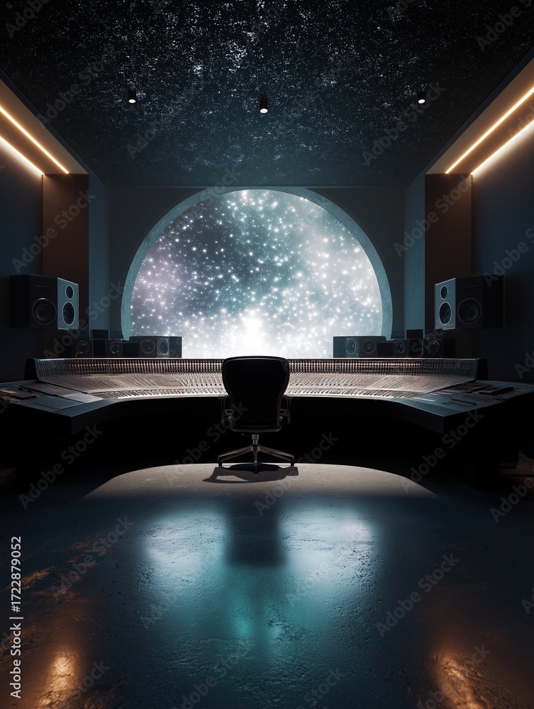 Poster modern recording studio with a large circular window in the center. the window is made of glass and 