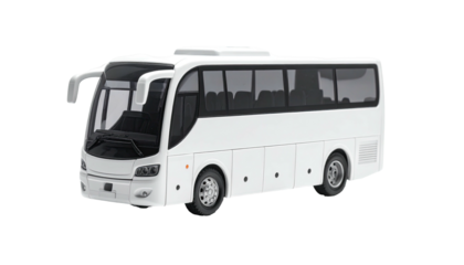 A pristine white tour bus, sleek design, large windows showing empty passenger seats, angled slightly to the left