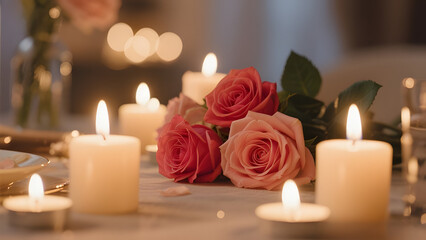 Valentine&rsquo;s roses and flickering candles romantic 