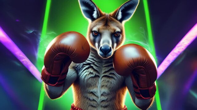 video of A kangaroo sporting boxing gloves in a playful fighting pose, representing strength, agility, and a whimsical take on its natural power