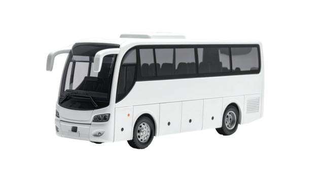 A pristine white tour bus, sleek design, large windows showing empty passenger seats, angled slightly to the left
