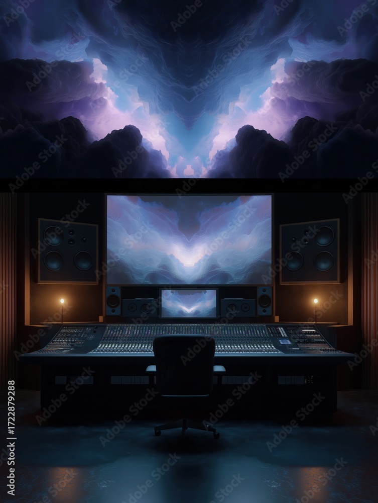 Poster modern recording studio with a large screen in the center of the room. the screen displays a colorfu