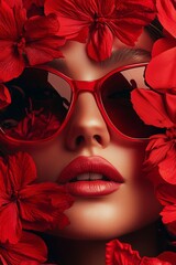 A striking close-up portrait of a woman wearing bold red sunglasses, surrounded by vibrant red flowers. The image captures a sense of fashion and elegance, with a focus on the vivid colors and