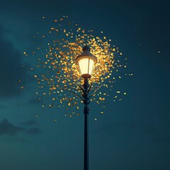 A vintage street lamp illuminates the night sky, surrounded by a swirl of golden autumn leaves. The warm glow contrasts beautifully with the deep blue evening backdrop, creating a serene and magical
