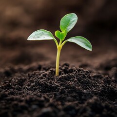 A vibrant green seedling emerges from rich, dark soil, symbolizing new beginnings and growth. The close-up captures the delicate leaves and stem, highlighting the potential for life and renewal in