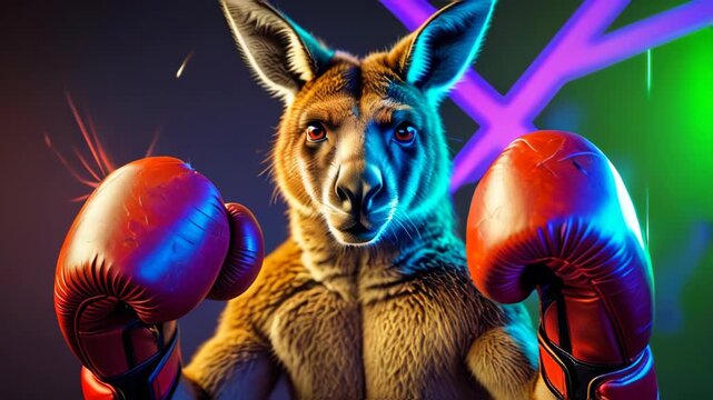 video of A kangaroo sporting boxing gloves in a playful fighting pose, representing strength, agility, and a whimsical take on its natural power