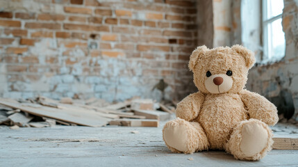 Abandoned teddy bear in dilapidated room with exposed brick walls and debris scattered around