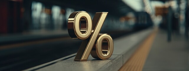 Shiny golden percent symbol standing on railway station platform with blurred moving train in background. Concept of finance, travel discounts, transport economy and investment in mobility. banner 