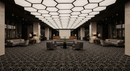 Luxurious hotel lobby with a striking hexagonal ceiling design, comfortable seating areas, and a grand reception desk, exuding modern elegance and sophistication.