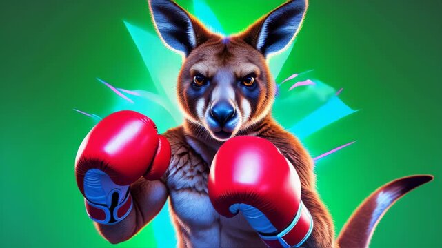 video of A kangaroo sporting boxing gloves in a playful fighting pose, representing strength, agility, and a whimsical take on its natural power