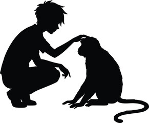 Silhouette of child gently petting monkey, human animal bond, wildlife connection, black and white vector, friendship with nature, emotional touching scene illustration