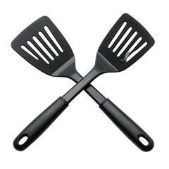 Two black slotted spatulas, crossed, matte finish, ergonomic handles