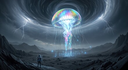 Astronaut Facing Giant Glowing Jellyfish Under Stormy Sky