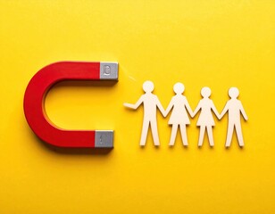 Red magnet attracts a white paper family on a bright yellow background, symbolizing influence, relationships, and connection in a vibrant, clean composition