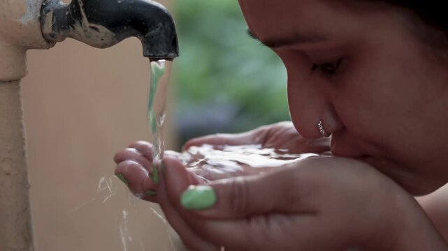 A rural Indian woman drinks water from an outdoor tap, highlighting water scarcity in developing regions.