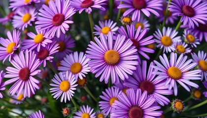 Close-up of vibrant purple daisies in a lush bouquet, botanical, purple bloom