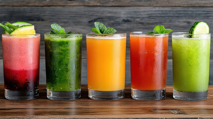 Refreshing handcrafted drinks lined up on rustic table, showcasing vibrant colors and garnishes