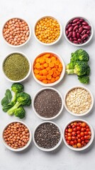Flat lay of high-fiber foods like beans, seeds, and vegetables in a minimal wellness style with copy space for text.