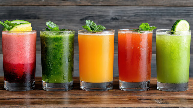 Refreshing handcrafted drinks lined up on rustic table, showcasing vibrant colors and garnishes