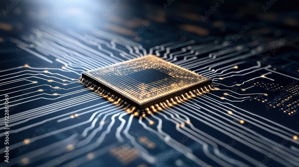 Poster high tech microchip with intricate circuit design and glowing connections