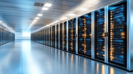 High tech server room with illuminated racks and modern design, showcasing advanced technology